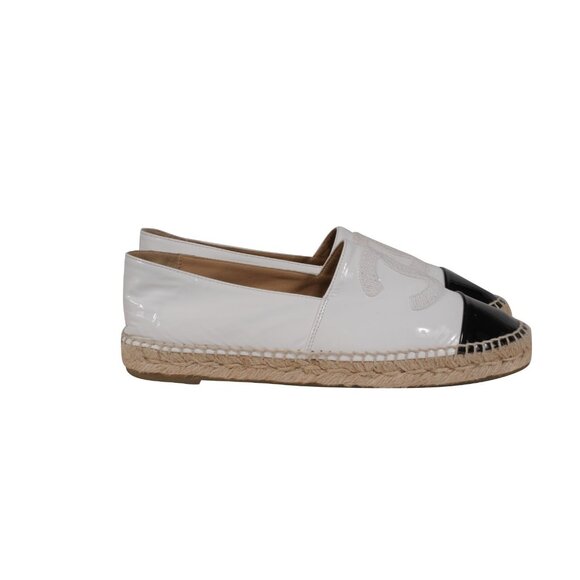 Chanel Women CC Logo Espadrilles EU 39 US 9 White Black Patent Leather Cork Sole - Picture 8 of 12